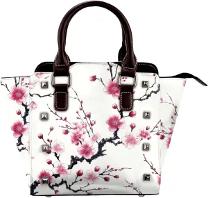 Cherry-Blossom-Branches-Ink-Wash Pu Leather Crossbody Studded Bag, Fashionable Shoulder Handbag With Detachable Shoulder Strap