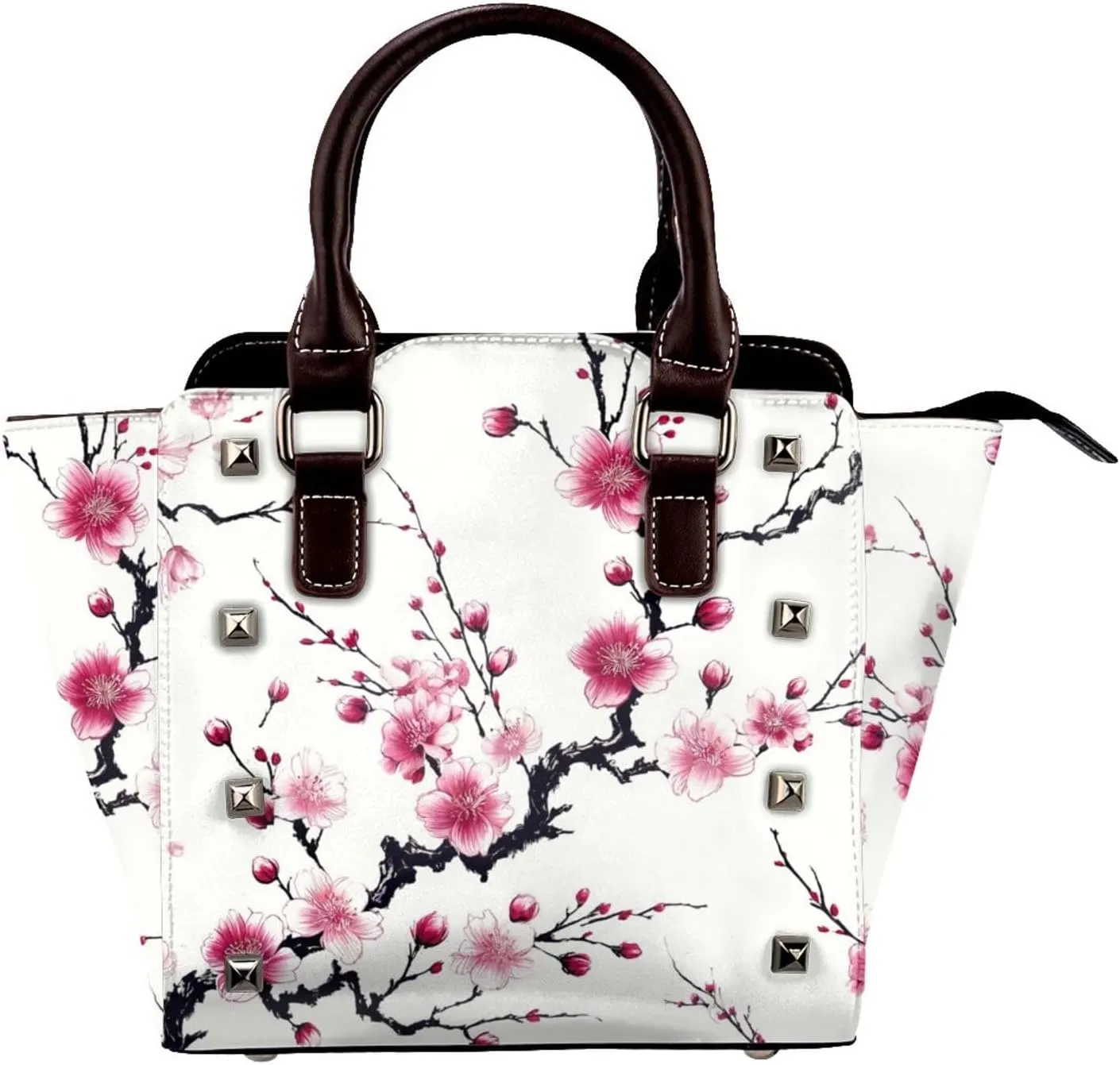 Cherry-Blossom-Branches-Ink-Wash Pu Leather Crossbody Studded Bag, Fashionable Shoulder Handbag With Detachable Shoulder Strap