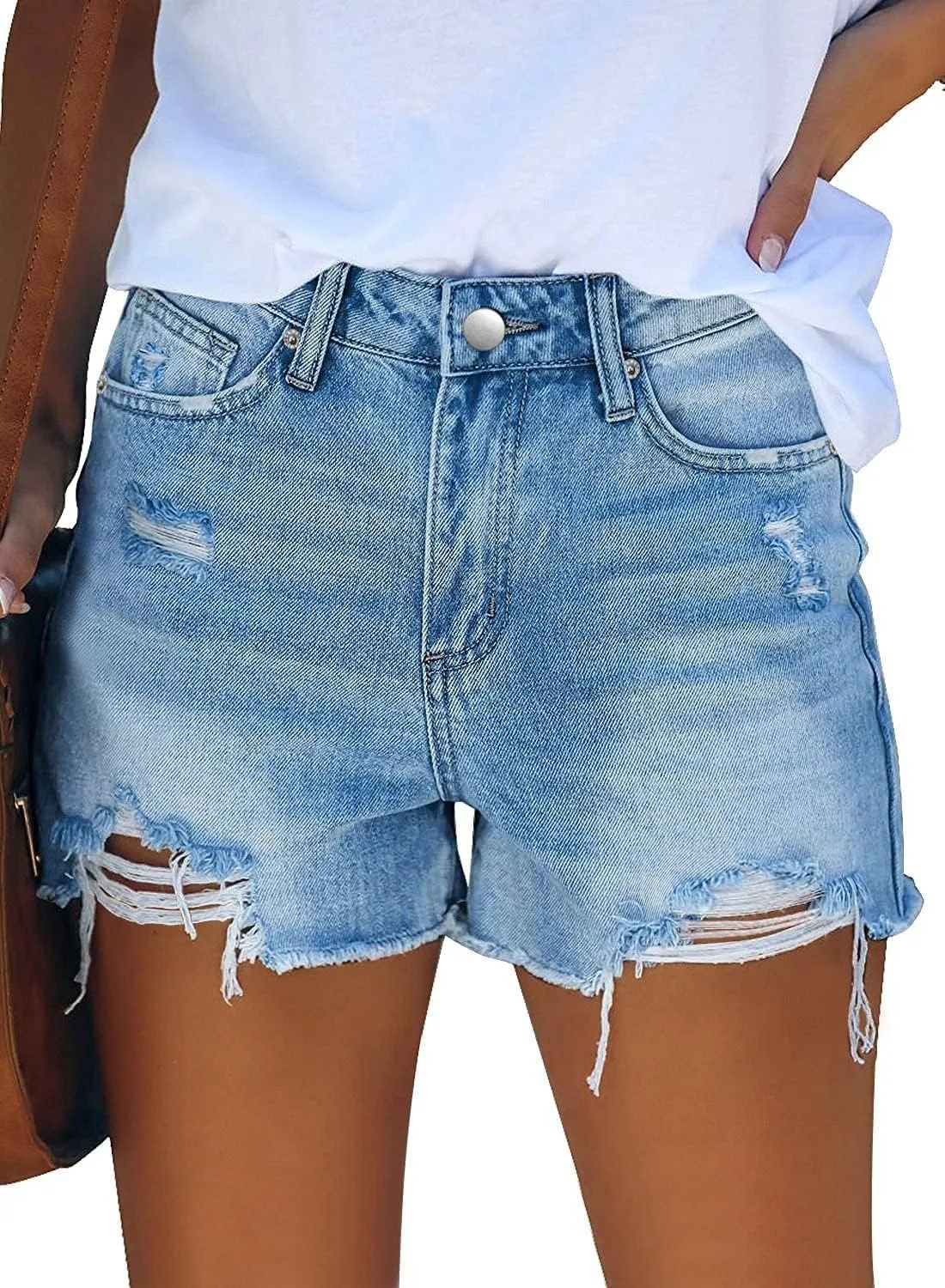 CHICZONE Womens Mid-High Waisted Ripped Denim Jean Shorts Cutoff Stretchy Summer Hot Short Pants