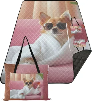 CHIFIGNO Chihuahua Relax Luxury Print Beach Blanket Waterproof Sandproof Floral Camp Blanket for Grass Cute Picnic Essentials Foldable 80" x 60"