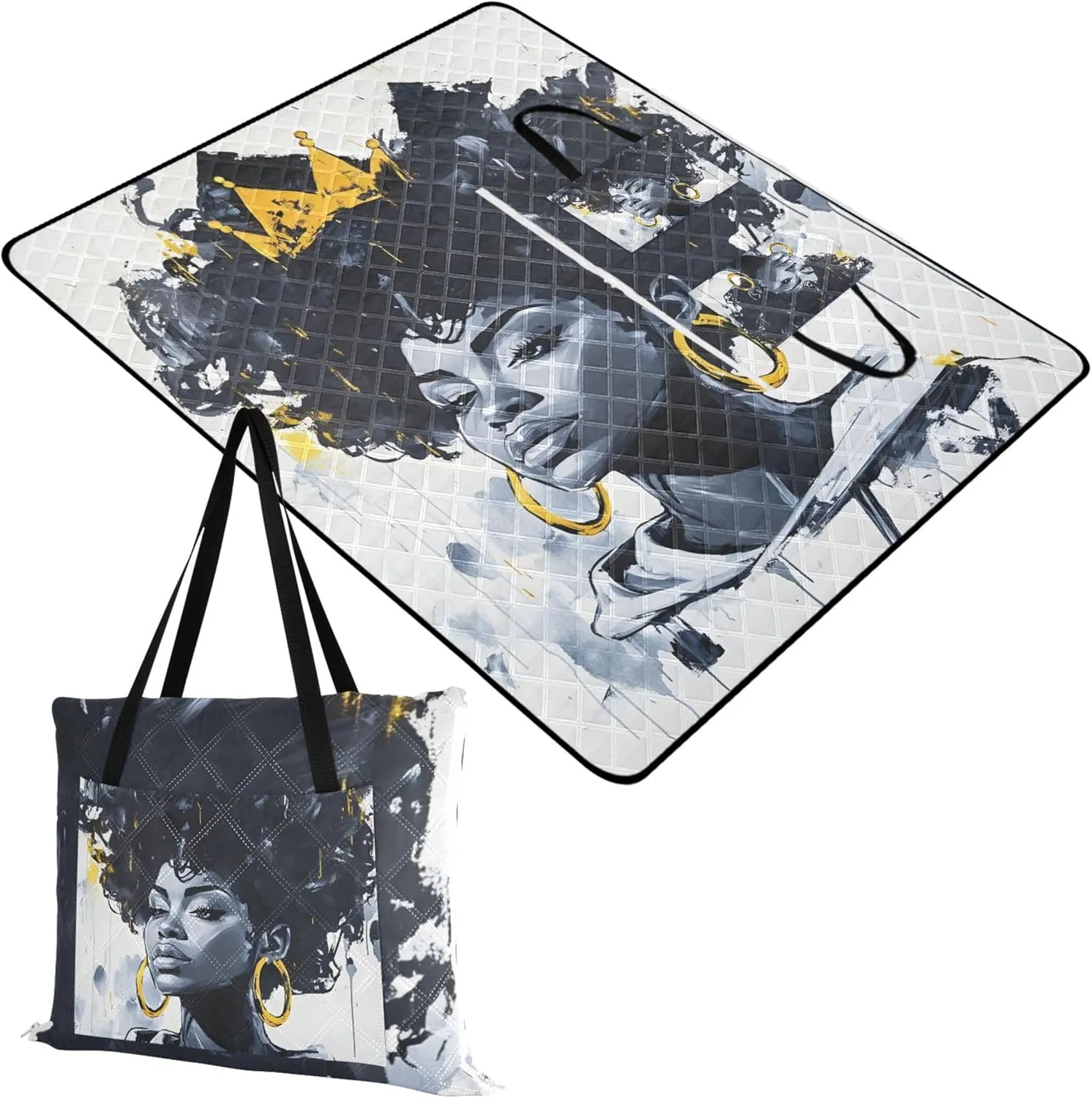 CHIFIGNO Stylish Afro Woman Golden Tiara Cute Picnic Blanket Foldable Sandproof Beach Blanket Waterproof Outdoor Camping Grass Mat 80" x 60"