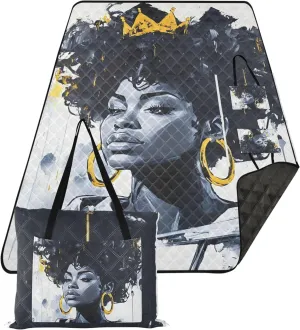CHIFIGNO Stylish Afro Woman Golden Tiara Cute Picnic Blanket Foldable Sandproof Beach Blanket Waterproof Outdoor Camping Grass Mat 80" x 60"