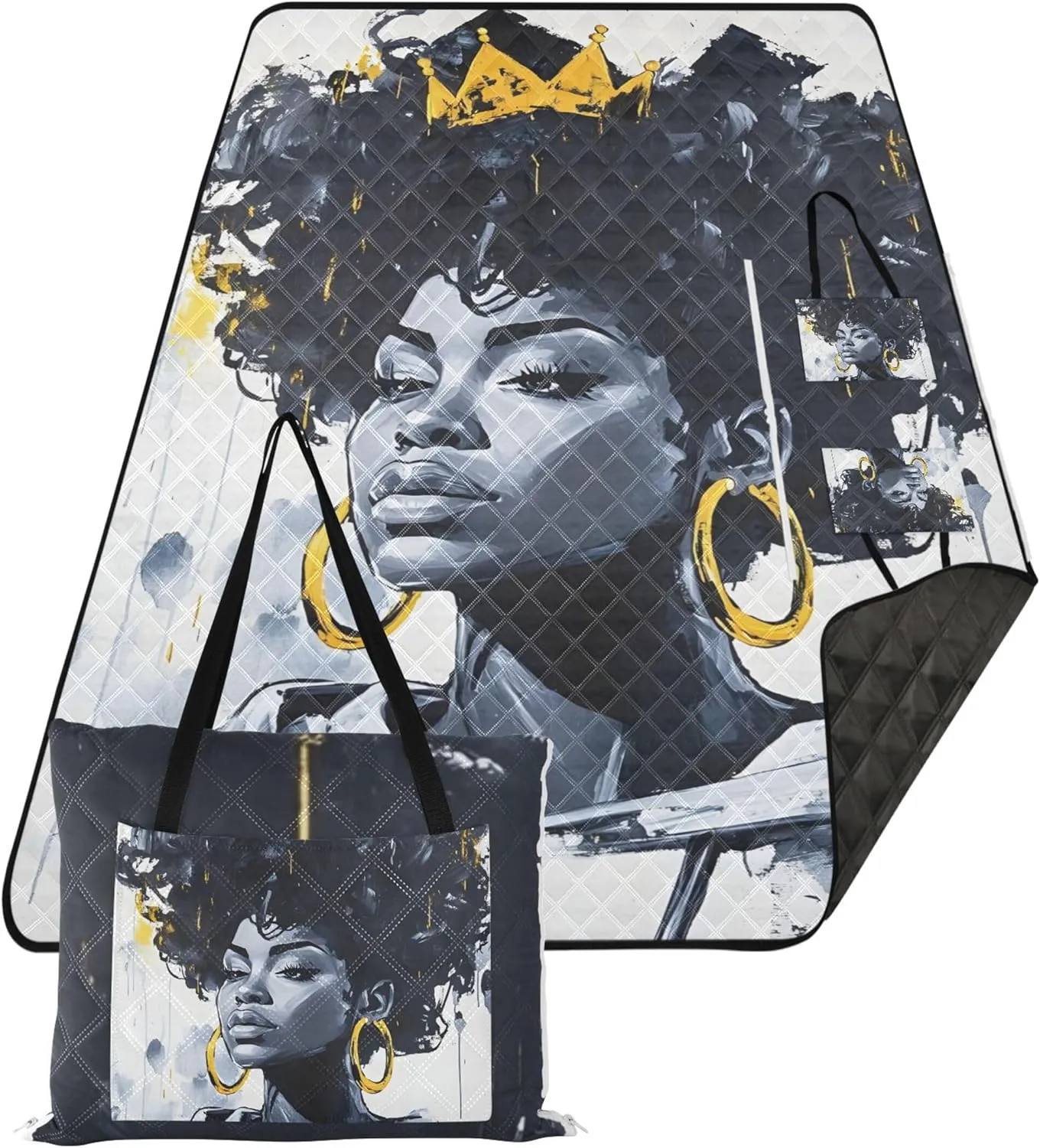 CHIFIGNO Stylish Afro Woman Golden Tiara Cute Picnic Blanket Foldable Sandproof Beach Blanket Waterproof Outdoor Camping Grass Mat 80" x 60"