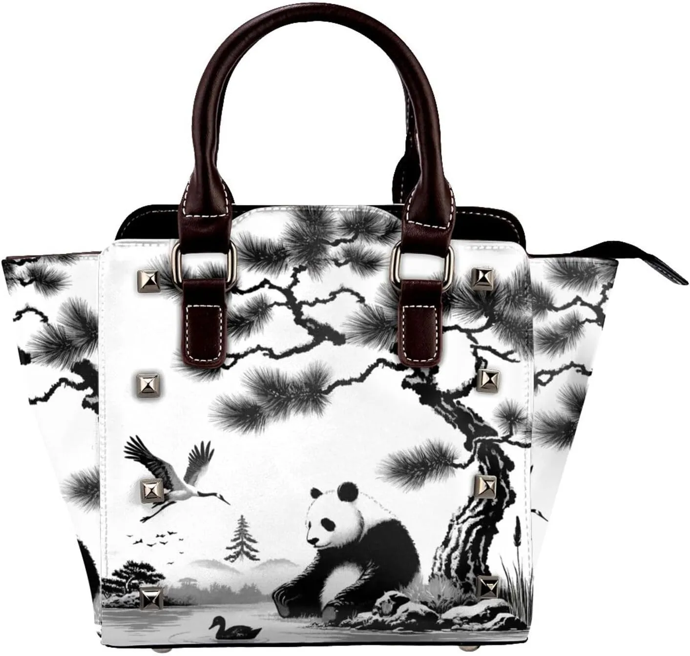 Chinese-Panda-Ink-Painting Pu Leather Crossbody Studded Bag, Fashionable Shoulder Handbag With Detachable Shoulder Strap
