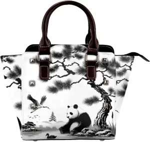 Chinese-Panda-Ink-Painting Pu Leather Crossbody Studded Bag, Fashionable Shoulder Handbag With Detachable Shoulder Strap