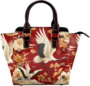 Chinese-Prosperity-Cranes-Peonies Pu Leather Crossbody Studded Bag, Fashionable Shoulder Handbag With Detachable Shoulder Strap