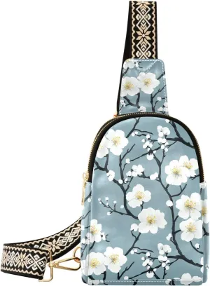 Chinoiserie Flower Full-Print Leather Fashion Waist Pack Small Crossbody Bag with Card Slots & Adjustable Strap for Biking Shopping Hiking Running & Casual Outings
