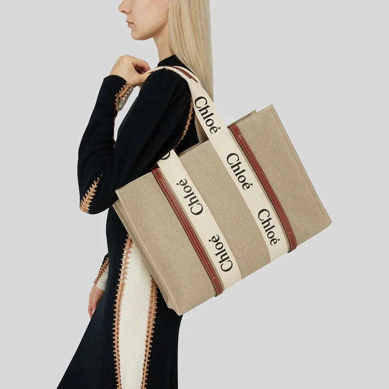 CHLOE Woody Large Tote Bag White Brown RS-CHC22AS382I2690U