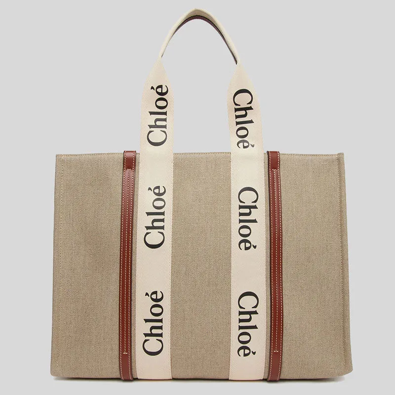 CHLOE Woody Large Tote Bag White Brown RS-CHC22AS382I2690U