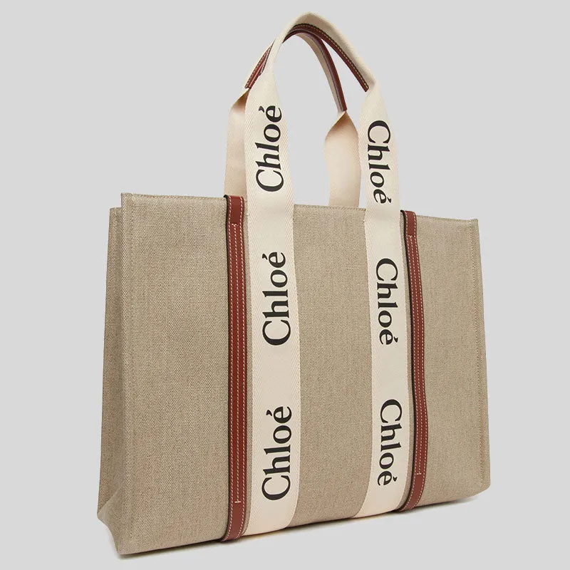 CHLOE Woody Large Tote Bag White Brown RS-CHC22AS382I2690U