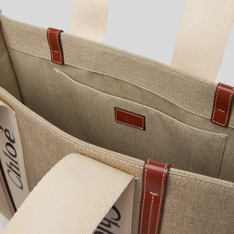 CHLOE Woody Large Tote Bag White Brown RS-CHC22AS382I2690U