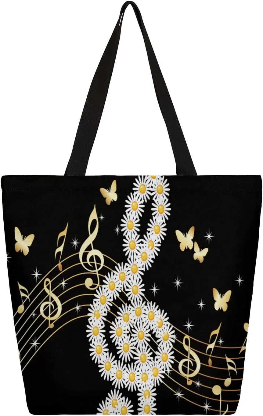 Chrysanthemum Music Butterflies Large Capacity Canvas Tote Bag Stylish Handheld Shoulder Bag Reusable Shopping Bag for Work Travel Beach Trips Shopping