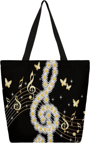 Chrysanthemum Music Butterflies Large Capacity Canvas Tote Bag Stylish Handheld Shoulder Bag Reusable Shopping Bag for Work Travel Beach Trips Shopping