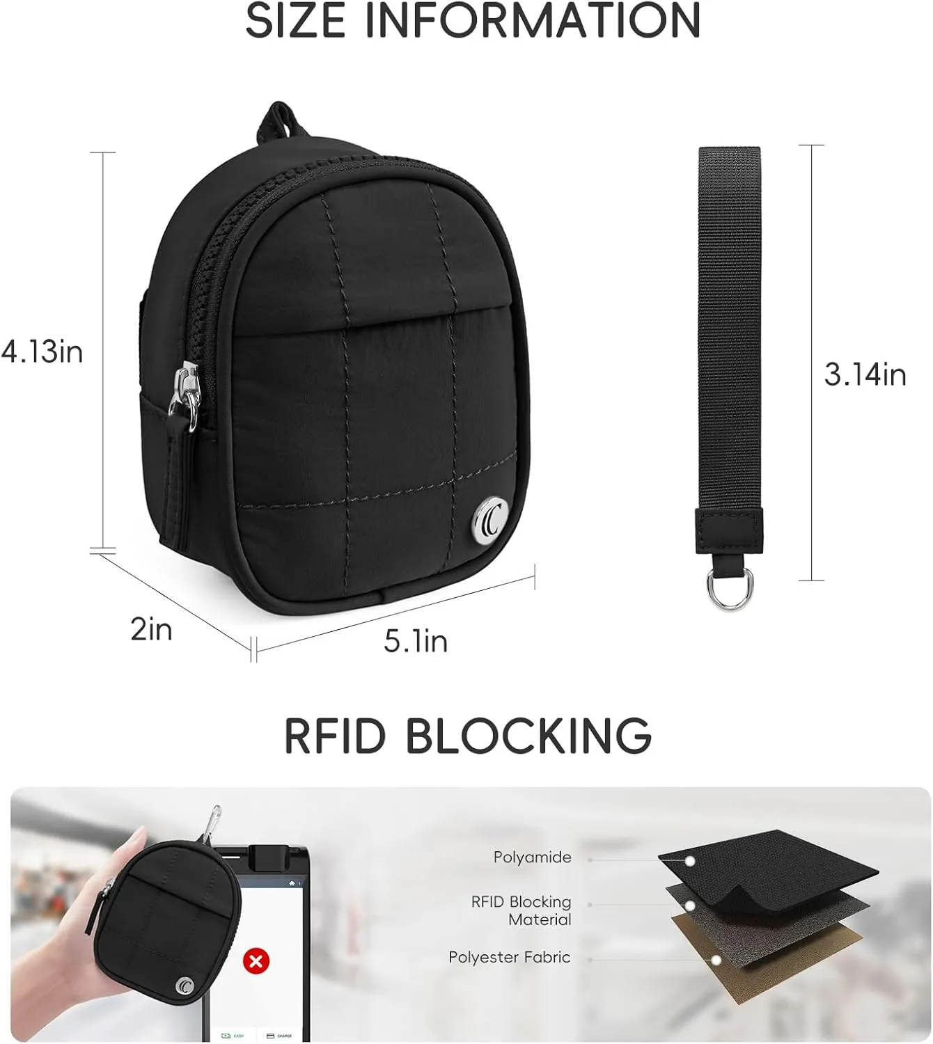 CLUCI Mini Backpack Keychain Wallet Small Change Quilted Coin Purse Cute Puffer Wristlet Pouch with 3 RFID Card Slots