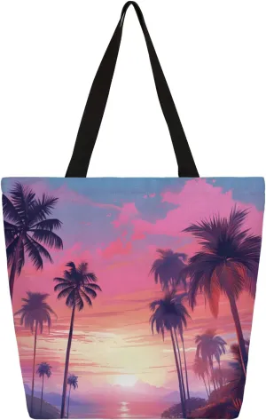 Coconut Tree Evening Sunset Large Capacity Canvas Tote Bag Stylish Handheld Shoulder Bag Reusable Shopping Bag for Work Travel Beach Trips Shopping
