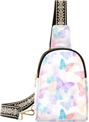Color Butterfly Stylish PU Leather Waist Pack Soft Waterproof Crossbody Bag with Metal Hardware Fits Keys Phone Passport for Work Walks Music Fests & Trips