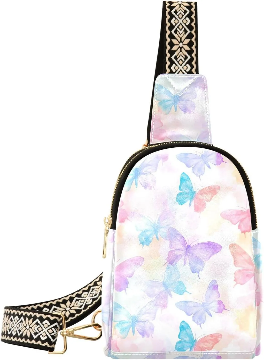 Color Butterfly Stylish PU Leather Waist Pack Soft Waterproof Crossbody Bag with Metal Hardware Fits Keys Phone Passport for Work Walks Music Fests & Trips