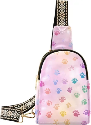 Color Dog Paw Print Full-Print Leather Fashion Waist Pack Small Crossbody Bag with Card Slots & Adjustable Strap for Biking Shopping Hiking Running & Casual Outings