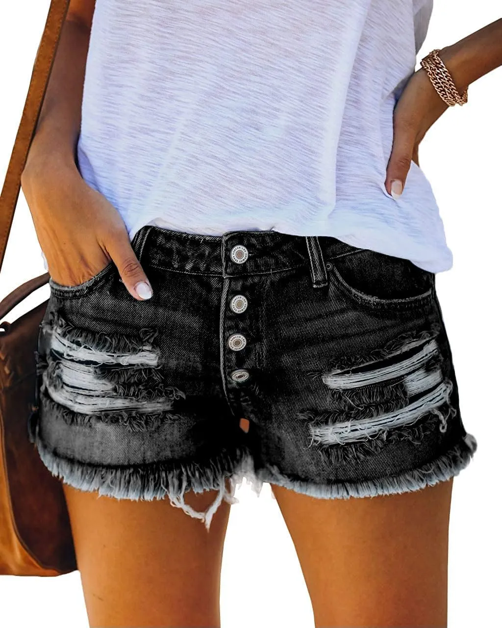 cordat Women's Mid Rise Ripped Stretchy Jeans Shorts Frayed Raw Hem Casual Denim Shorts