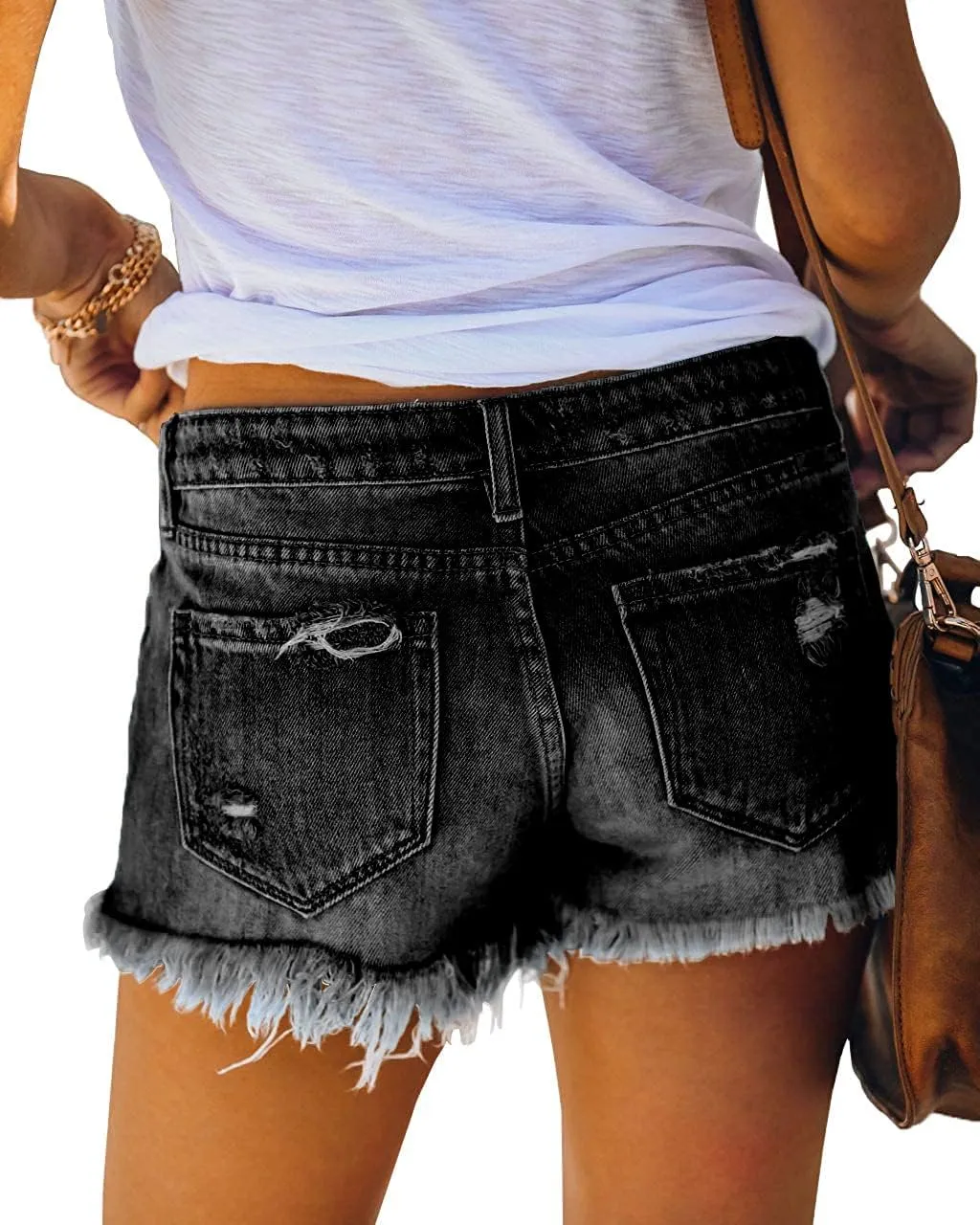 cordat Women's Mid Rise Ripped Stretchy Jeans Shorts Frayed Raw Hem Casual Denim Shorts