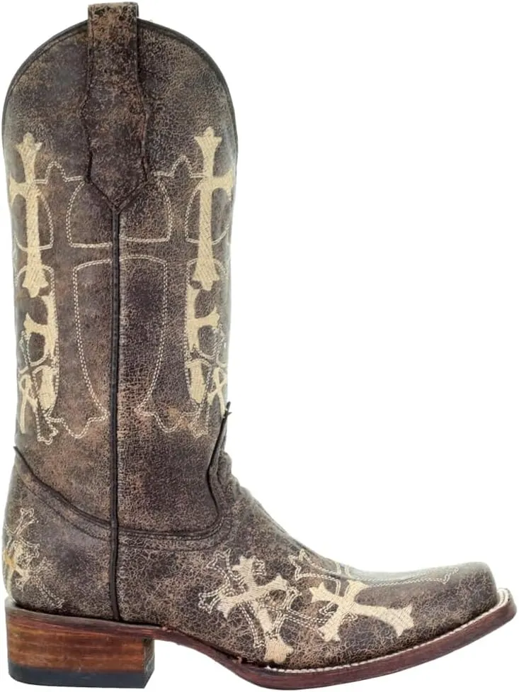 Corral Boots Womens Embroidered Square Toe Casual Boots Mid Calf Mid Heel 2-3" - Brown