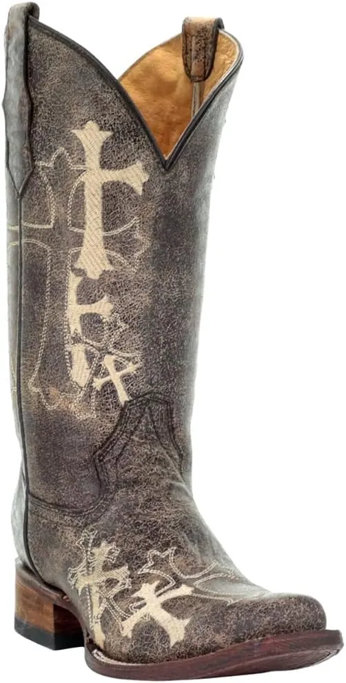 Corral Boots Womens Embroidered Square Toe Casual Boots Mid Calf Mid Heel 2-3" - Brown