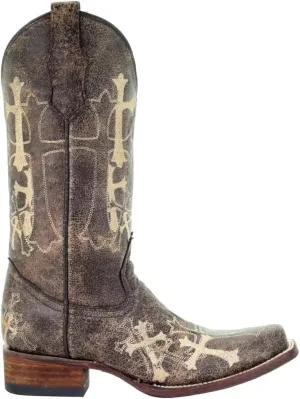 Corral Boots Womens Embroidered Square Toe Casual Boots Mid Calf Mid Heel 2-3" - Brown