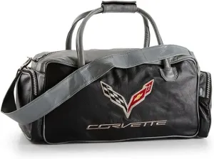 Corvette C7 Leather Duffel Bag with C7 Crossed Flags Logo 2014 2015 2016 2017 2018 (Black and Gray)