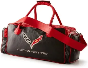 Corvette C7 Leather Duffel Bag with C7 Crossed Flags Logo (Black and Red)