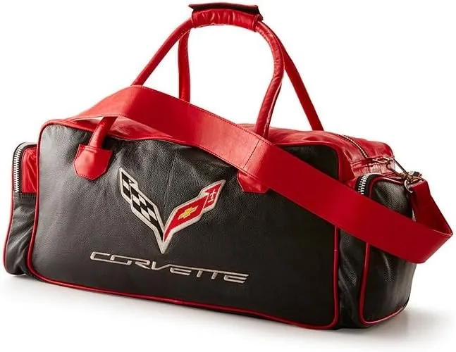 Corvette C7 Leather Duffel Bag with C7 Crossed Flags Logo (Black and Red)