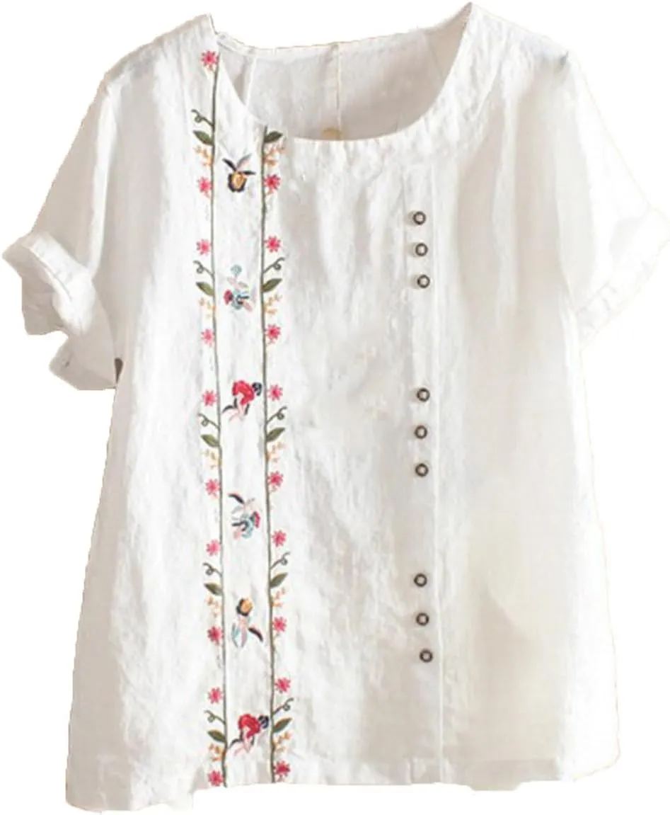 Cotton Linen Tops for Women Casual Loose Fit Plus Size Roll Up Short Sleeve T Shirt Summer Embroidered Floral Blouse