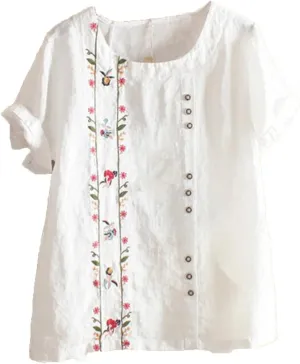 Cotton Linen Tops for Women Casual Loose Fit Plus Size Roll Up Short Sleeve T Shirt Summer Embroidered Floral Blouse