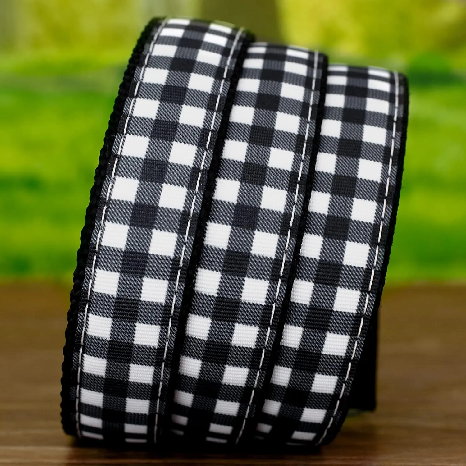 Country Brook Design - Black & White Buffalo Plaid Ribbon on Black Nylon Webbing
