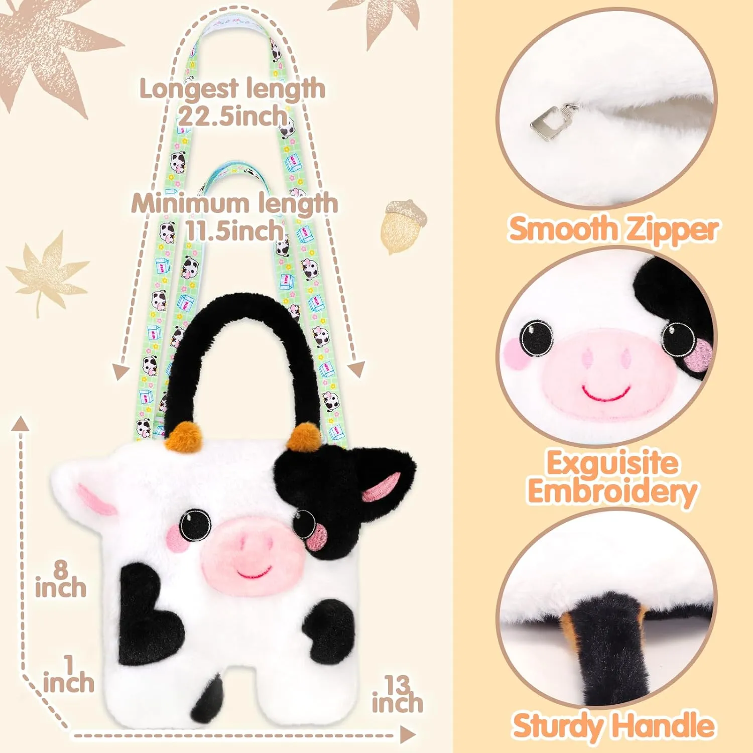 Cow Plush Crossbody Bag for Kids, Handbag Tote With Adjustable Strap, Soft Stuffed Purse With Zipper, Coin Pouch Accessories for Toddlers