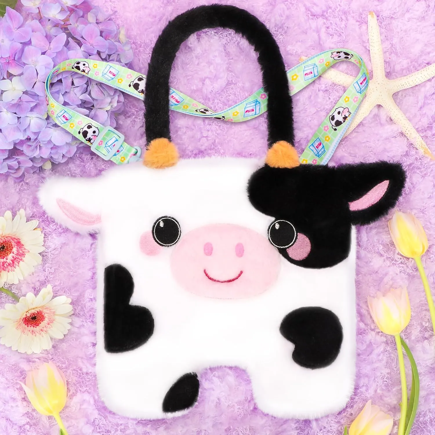 Cow Plush Crossbody Bag for Kids, Handbag Tote With Adjustable Strap, Soft Stuffed Purse With Zipper, Coin Pouch Accessories for Toddlers