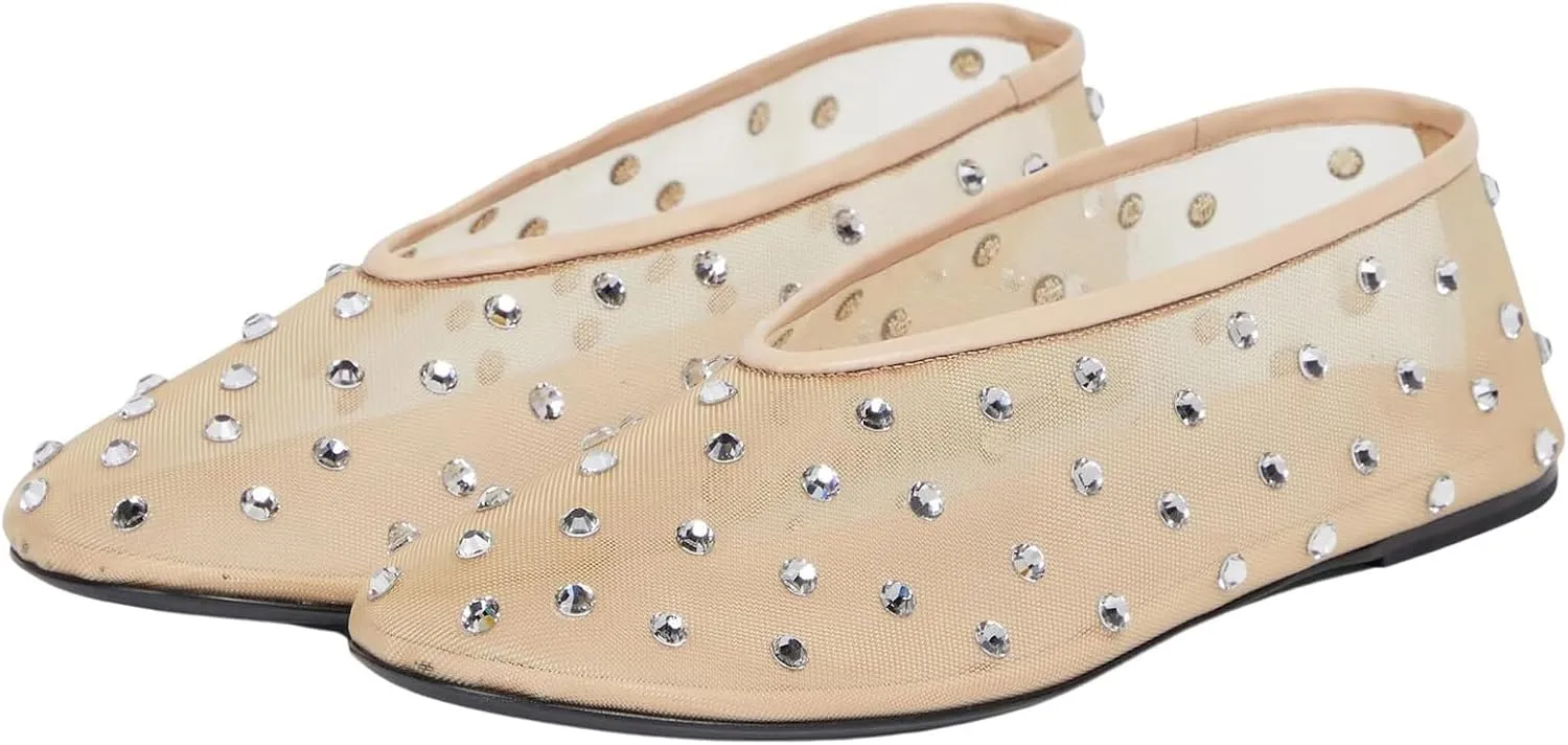 Crystal-Embellished Mesh Flats Women's Rhinestone Ballet Flat Slip On Ballerina Shoes Comfortable Casual Gauze Shoe