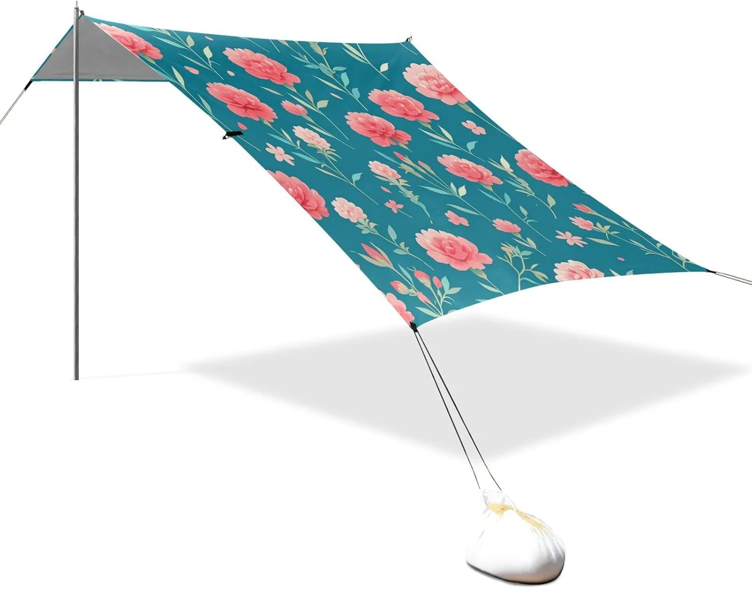 Cute Carnation Dark Turquoise Foldable Beach Canopy UPF50 Easy Setup Sun Shade with Sand Shovel for Family Trips, Picnics & Camping