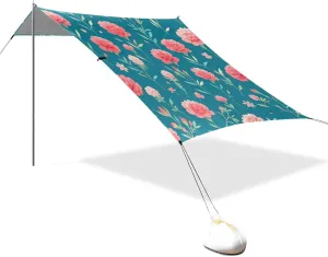 Cute Carnation Dark Turquoise Foldable Beach Canopy UPF50 Easy Setup Sun Shade with Sand Shovel for Family Trips, Picnics & Camping