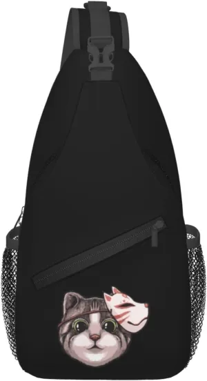 Cute Cat With A Fox Mask Strapped To Her Head Crossbody Bags For Women Men Chest Backpack Gym Shoulder Bag Travel Outdoor Sports Casual Crossbody Bags