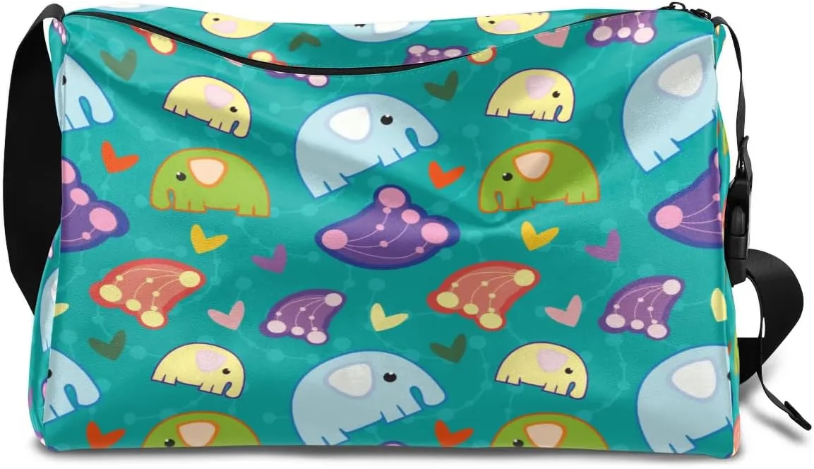 Cute Elephant Love Heart Small Gym Bag for Men Women Workout Sport Duffle Bag Waterproof Weekender Overnight Bag Lightweight Carry on Tote Bag Crossbody Shoulder Travel Bag for Swim Yoge Dance