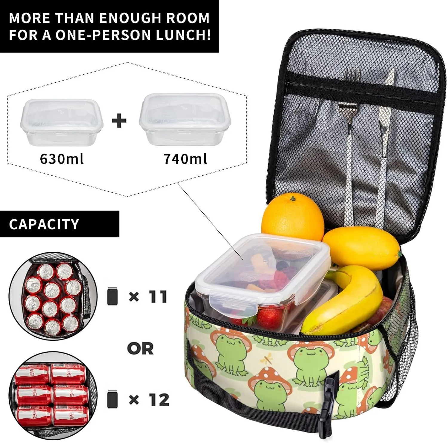 Cute Frog Mushroom Hat Insulated Lunch Bag, Reusable Lunch Box Tote Bag For Office Work Picnic Travel Women/Men