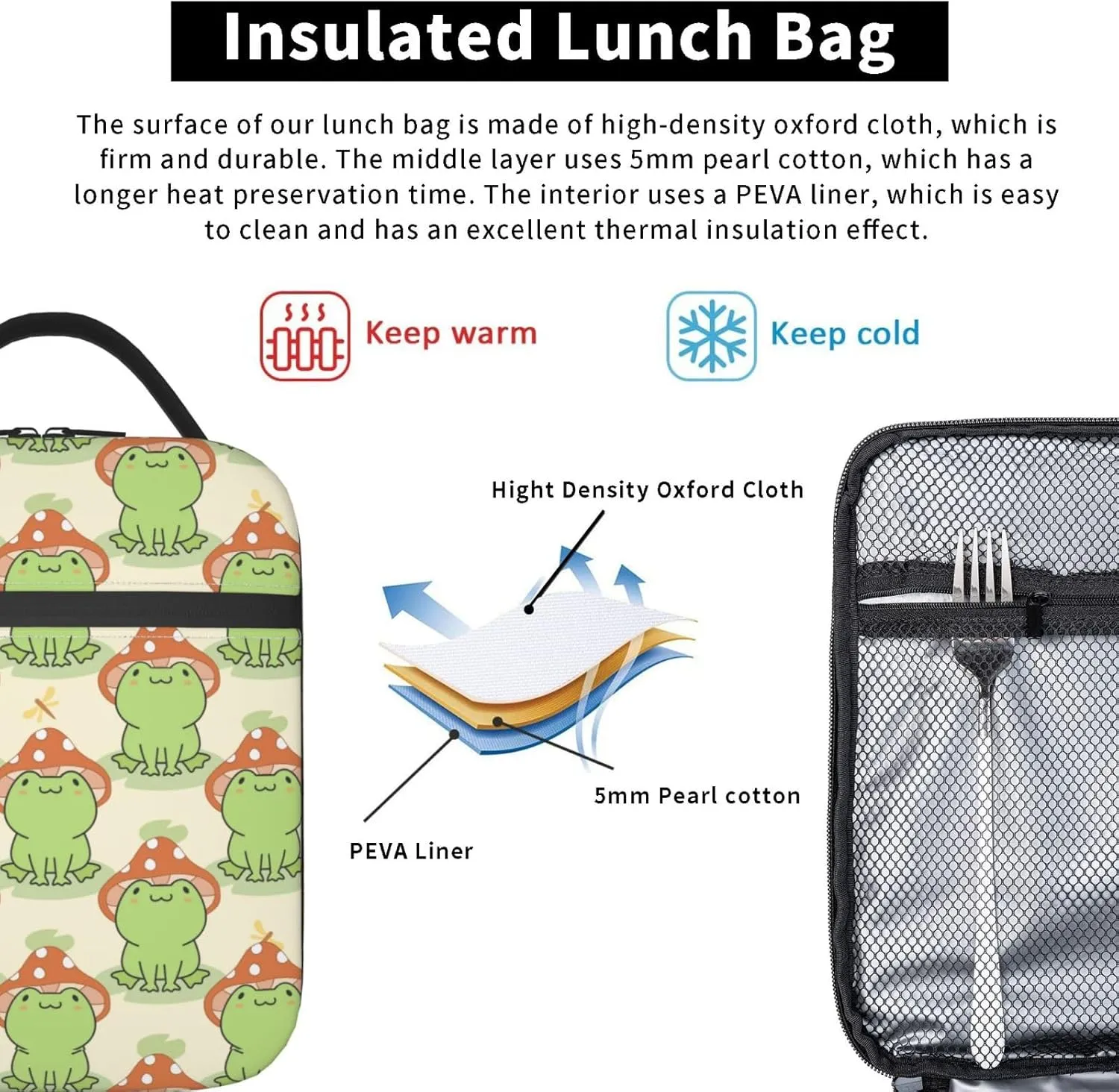 Cute Frog Mushroom Hat Insulated Lunch Bag, Reusable Lunch Box Tote Bag For Office Work Picnic Travel Women/Men
