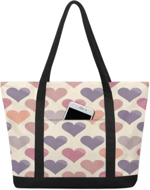 Cute Hearts Shape Canvas Tote Bag Casual Shoulder Handbag Large Shopping Bags With 5 Pocket Carry On Weekender Backpack for Women Travel Work Gifts Duffle Grocery Compartment