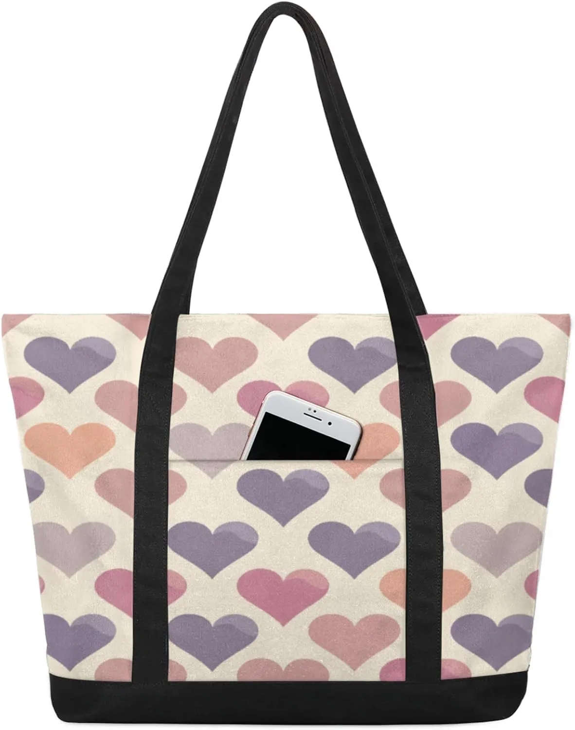 Cute Hearts Shape Canvas Tote Bag Casual Shoulder Handbag Large Shopping Bags With 5 Pocket Carry On Weekender Backpack for Women Travel Work Gifts Duffle Grocery Compartment