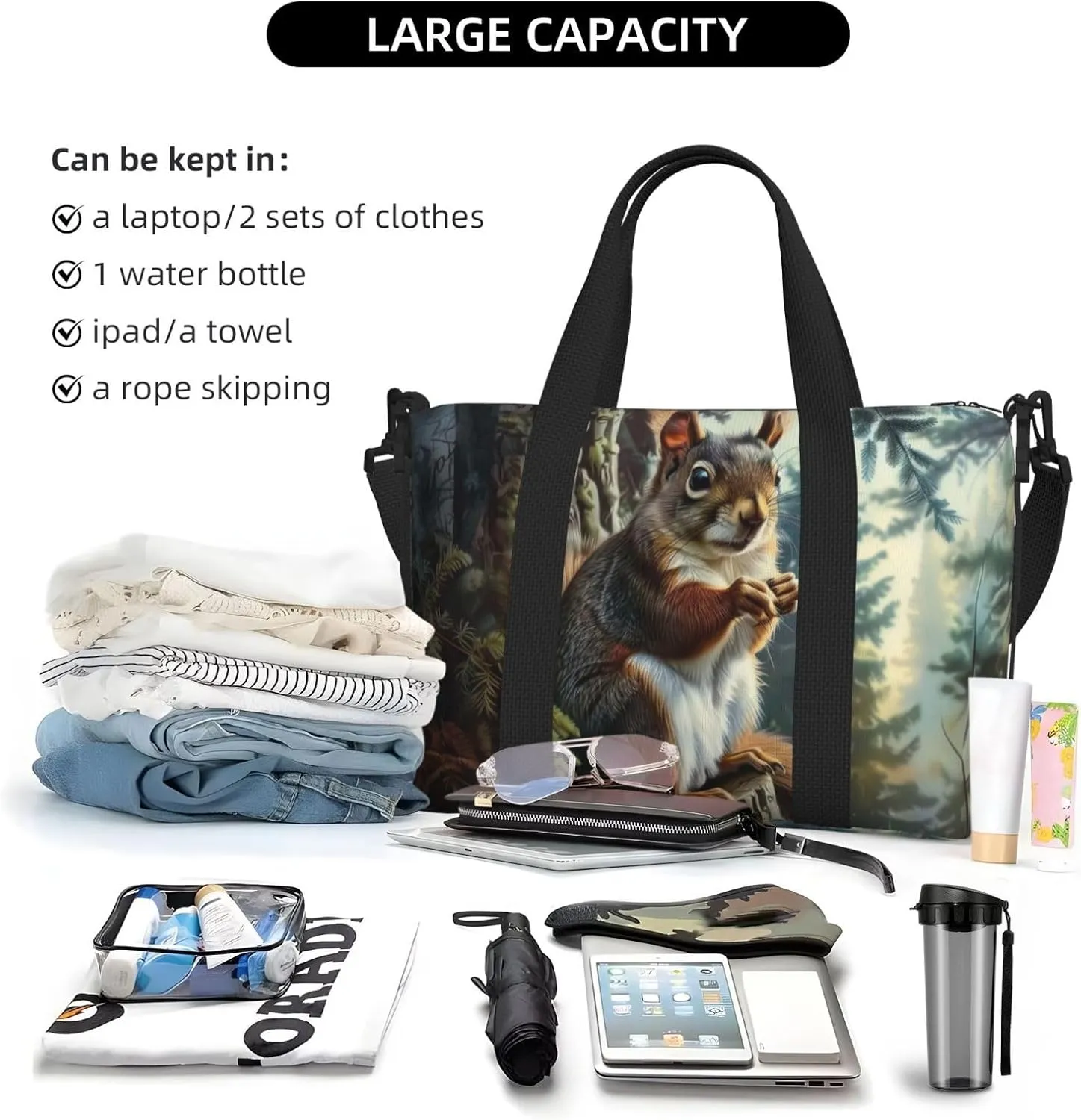 cute squirrel tree print Travel Duffel Bag, Sports Tote Gym Bag, Swim Pool Bag Large Shoulder Tote Bag for Beach Weekender