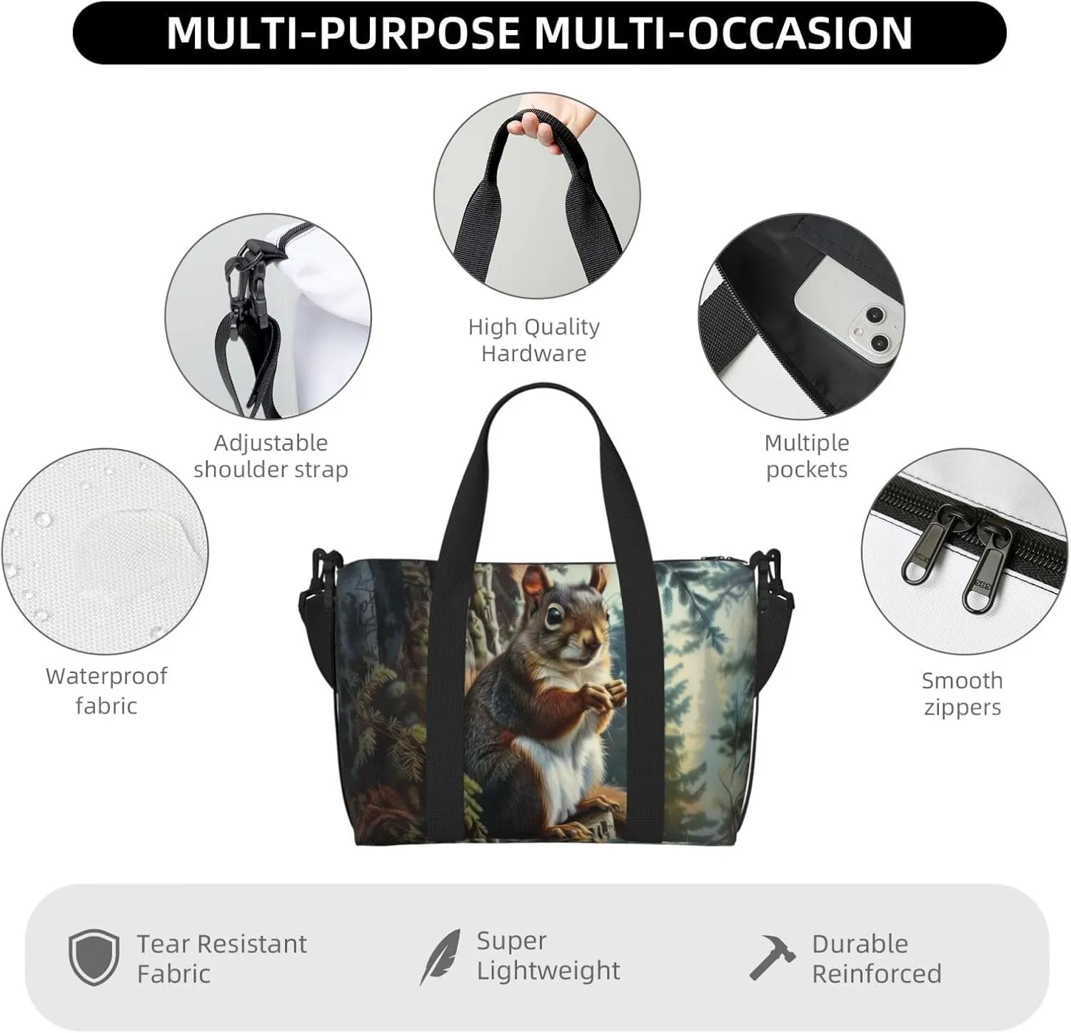 cute squirrel tree print Travel Duffel Bag, Sports Tote Gym Bag, Swim Pool Bag Large Shoulder Tote Bag for Beach Weekender