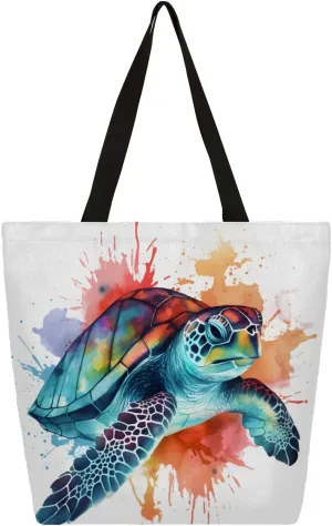 Cute Watercolor Turtle Large Capacity Canvas Tote Bag Stylish Handheld Shoulder Bag Reusable Shopping Bag for Work Travel Beach Trips Shopping