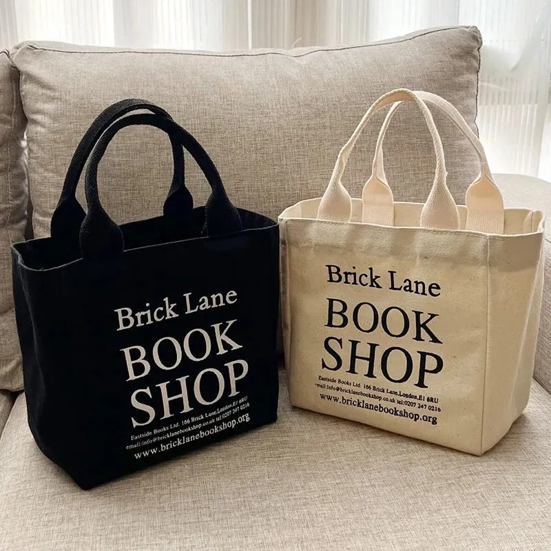 Cyflymder New Canvas Lunch Bag Book Shop Print Lunch Box Picnic Tote Small Handbag Cotton Cloth Reusable Food Storage Bags For Office Lady