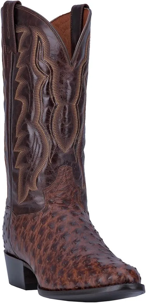 Dan Post Mens Pershing Ostrich Embroidered Round Toe Pull On Dress Boots Mid Calf - Brown
