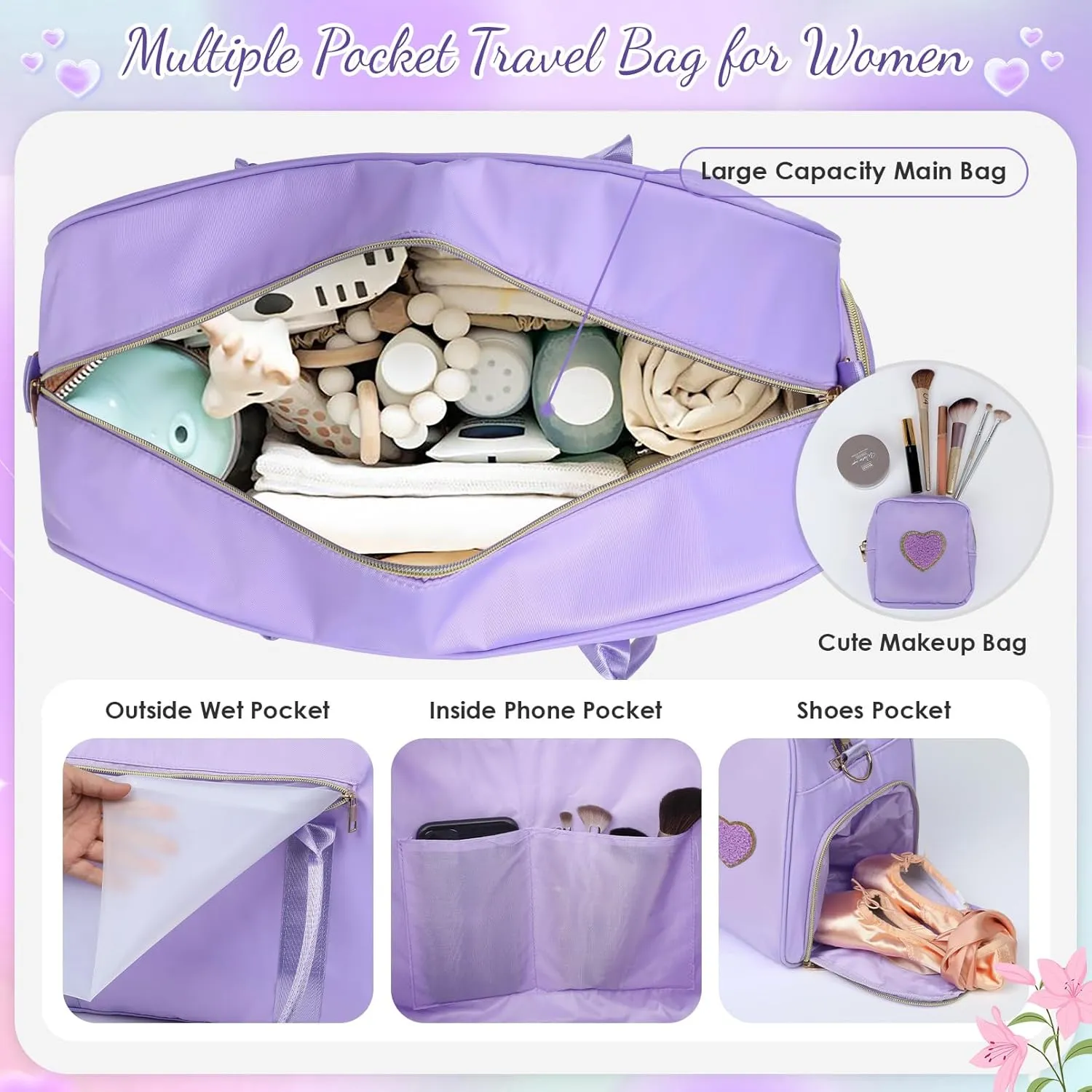 Dance Bag for Girls 2PCS Ballet Cheer Bag with Shoes Compartment Chenille Letter Embroidery for Dancer Travel Overnight bag